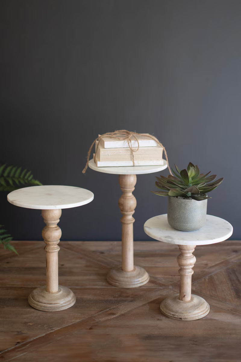 Set of 3 Wooden Display Stands with White Marble Tops
