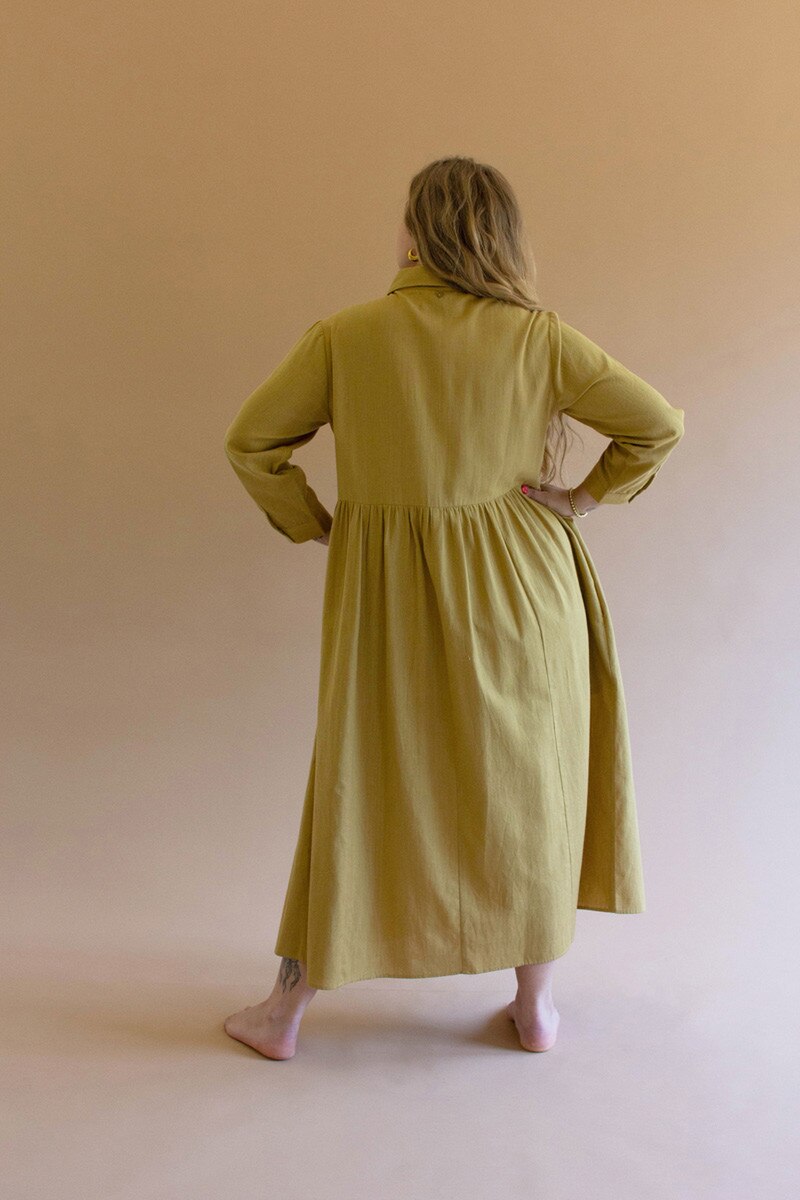Pistachio Long-Sleeve Buttondown Dress with Pockets