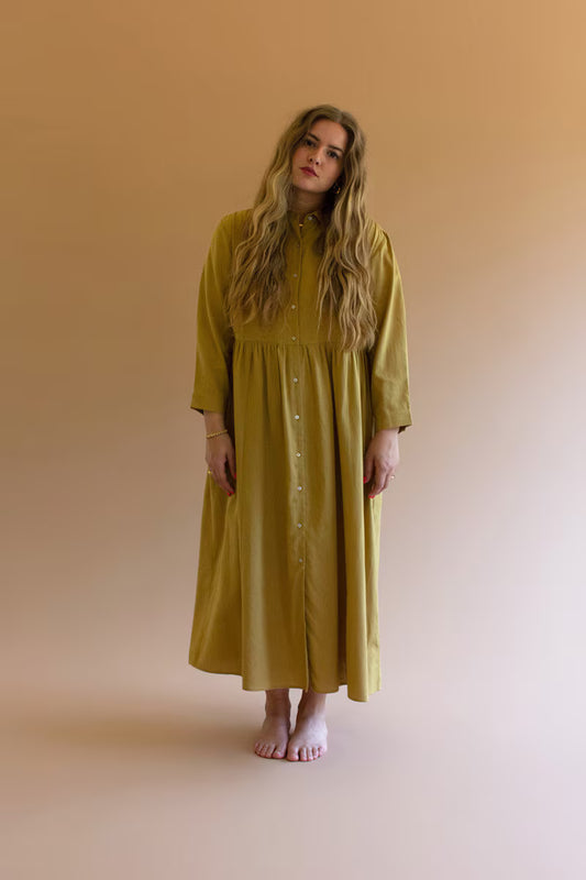 Pistachio Long-Sleeve Buttondown Dress with Pockets