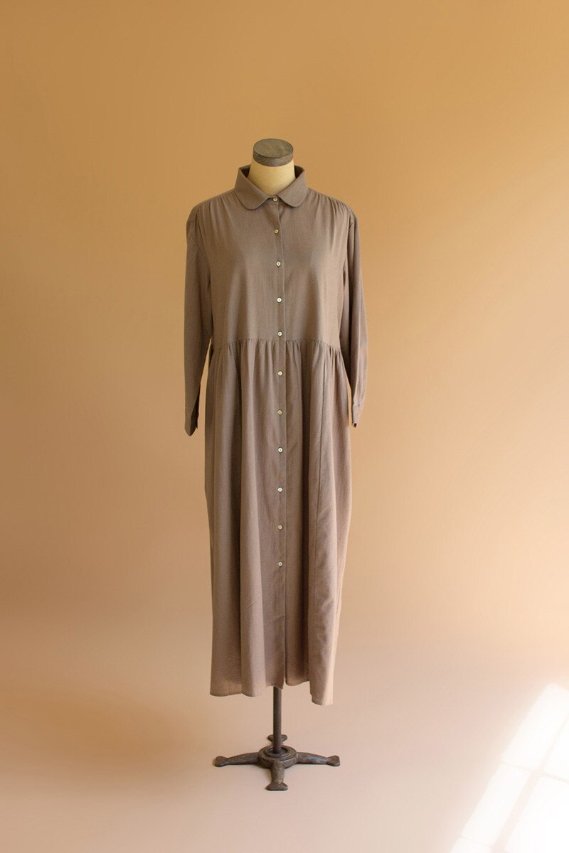 Mocha Long-Sleeve Buttondown Dress with Pockets