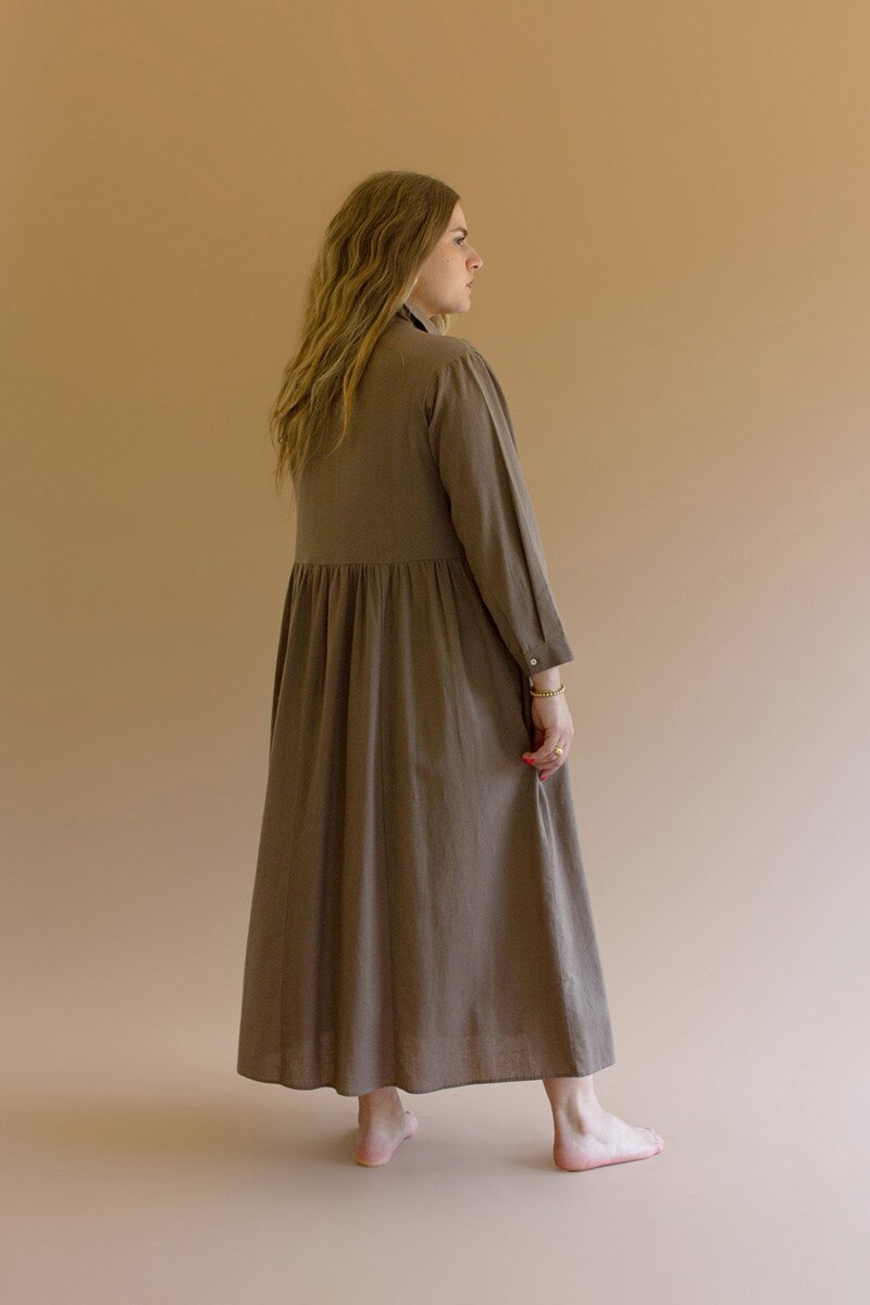 Mocha Long-Sleeve Buttondown Dress with Pockets