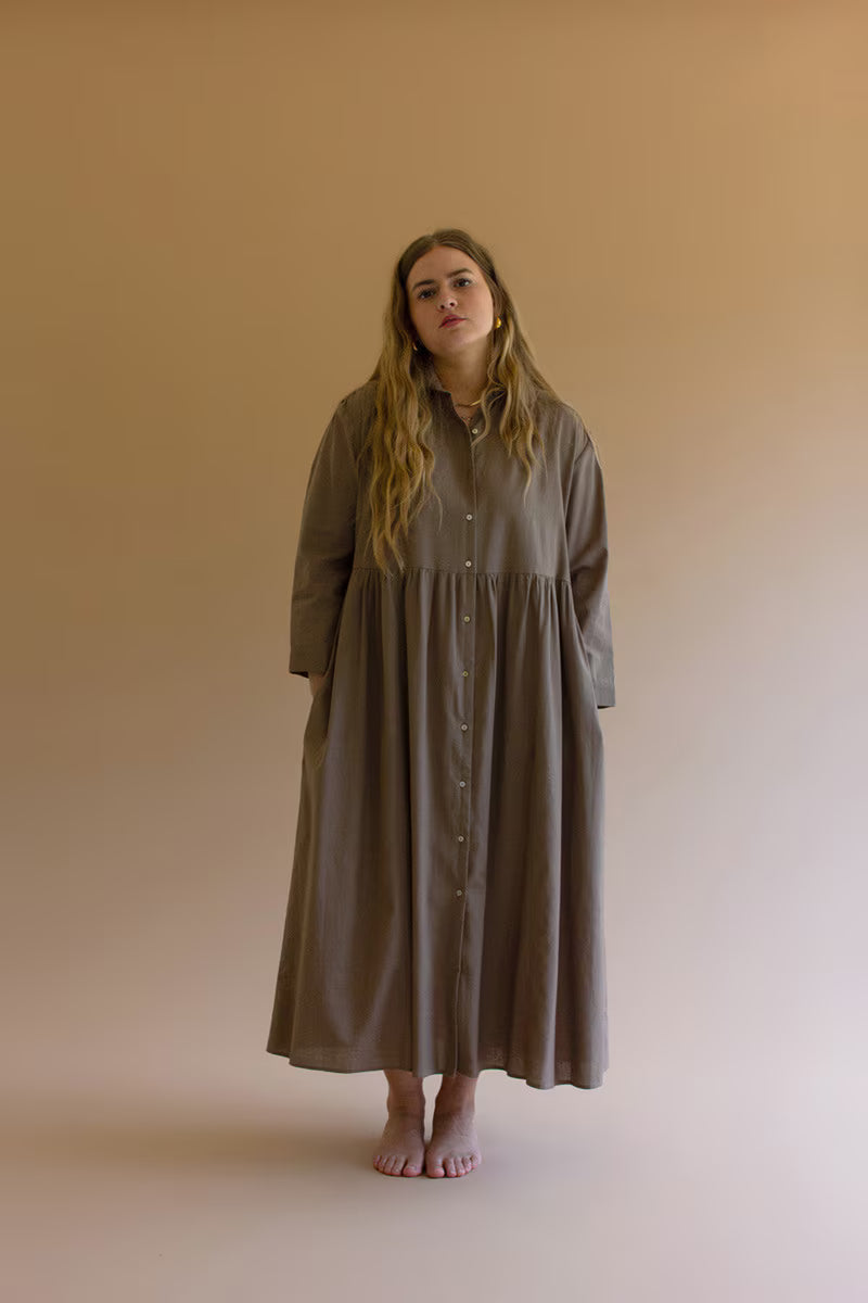 Mocha Long-Sleeve Buttondown Dress with Pockets