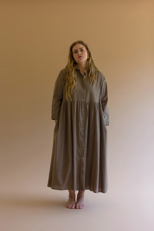 Mocha Long-Sleeve Buttondown Dress with Pockets