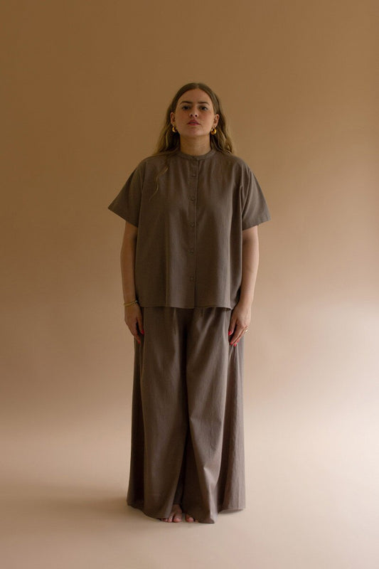 Mocha High-Neck Buttondown Short-Sleeve Blouse