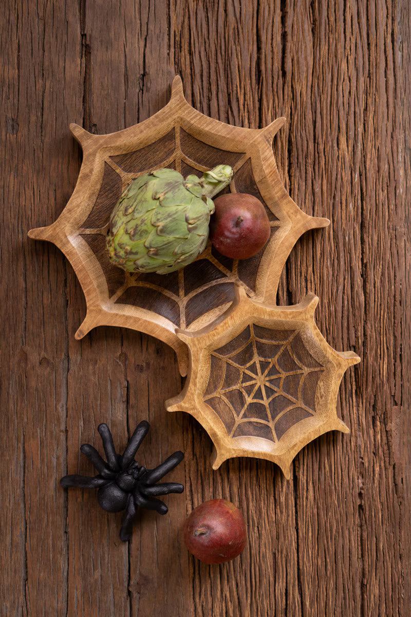Set of 2 Carved Mango Wood Halloween Spider Web Bowls