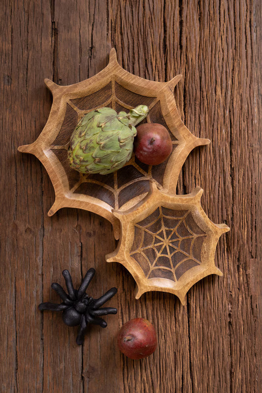 Set of 2 Carved Mango Wood Halloween Spider Web Bowls