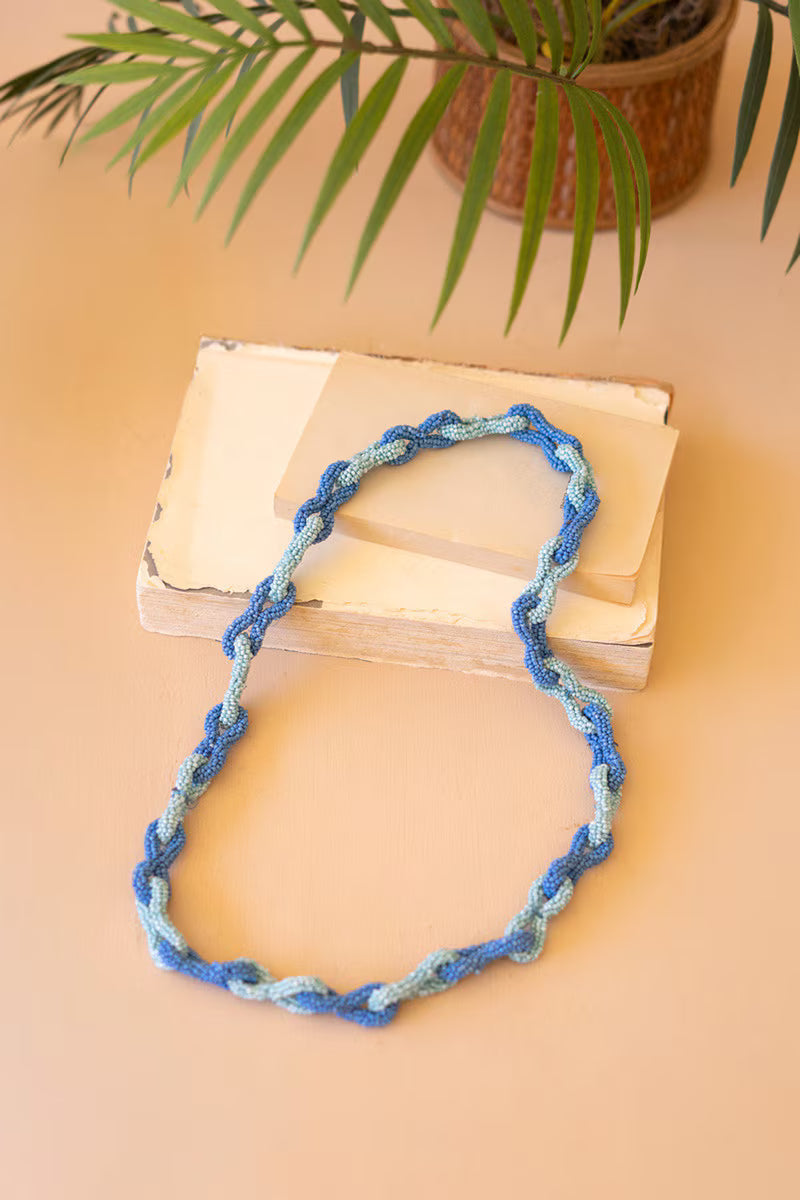 Seed Beaded Chain Necklace Seaglass & Blueberry