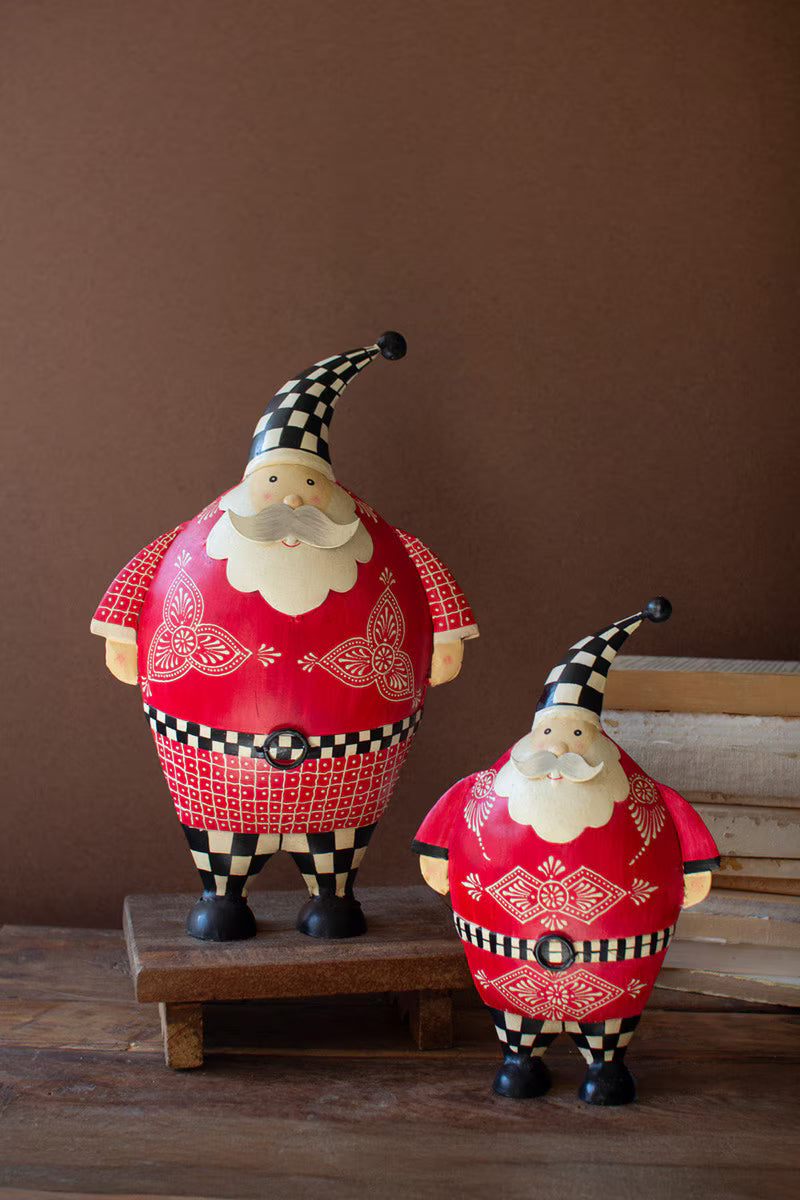 Set of 2 Painted Metal Santas with Checkered Detail