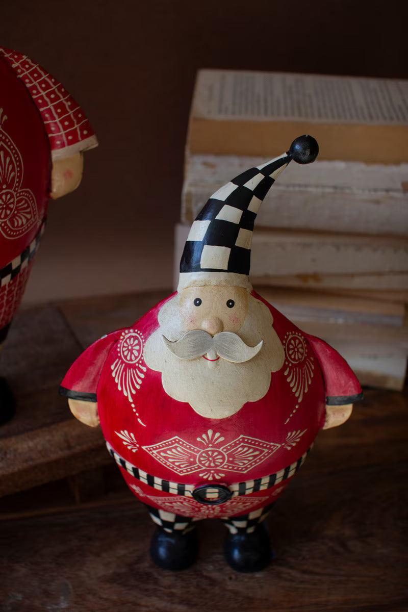 Set of 2 Painted Metal Santas with Checkered Detail