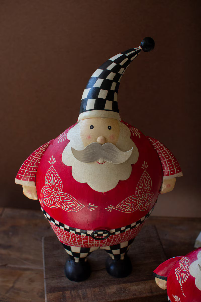 Set of 2 Painted Metal Santas with Checkered Detail