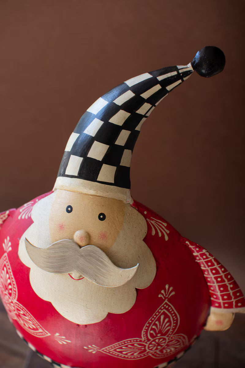 Set of 2 Painted Metal Santas with Checkered Detail