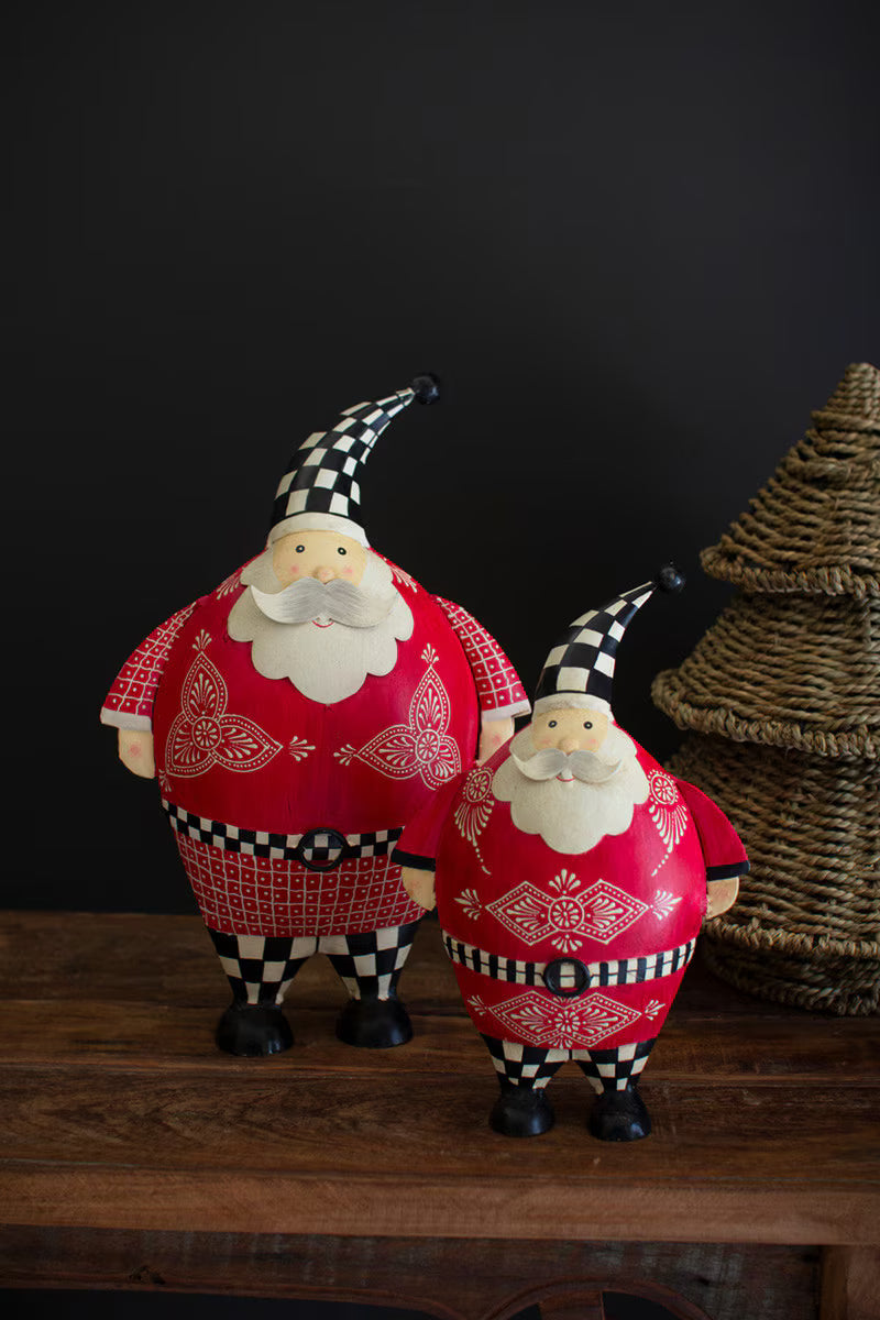Set of 2 Painted Metal Santas with Checkered Detail