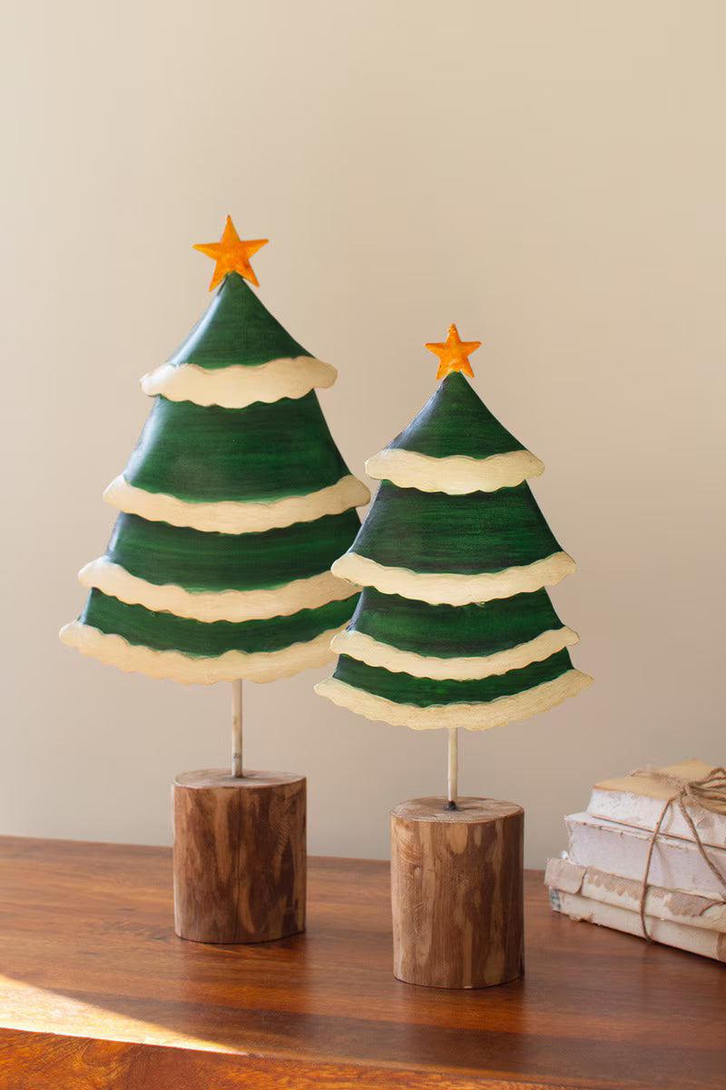 Set of 2 Painted Green and White Metal Christmas Trees on Wooden Bases