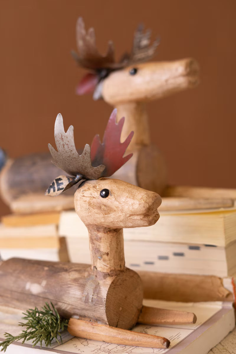 Set of 2 Metal and Wood Sitting Deer