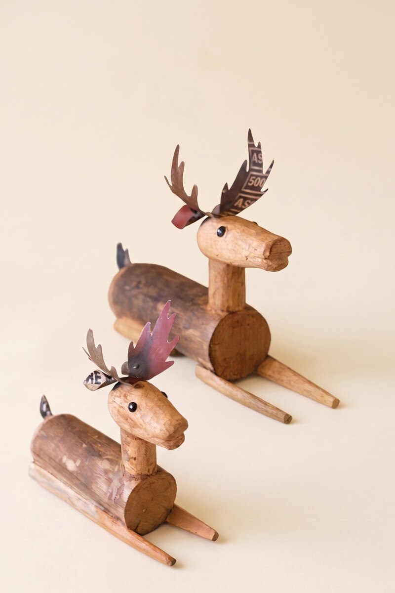 Set of 2 Metal and Wood Sitting Deer