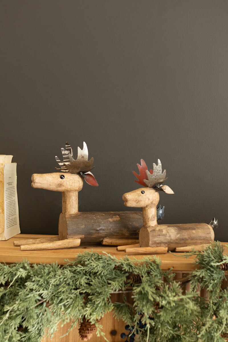 Set of 2 Metal and Wood Sitting Deer