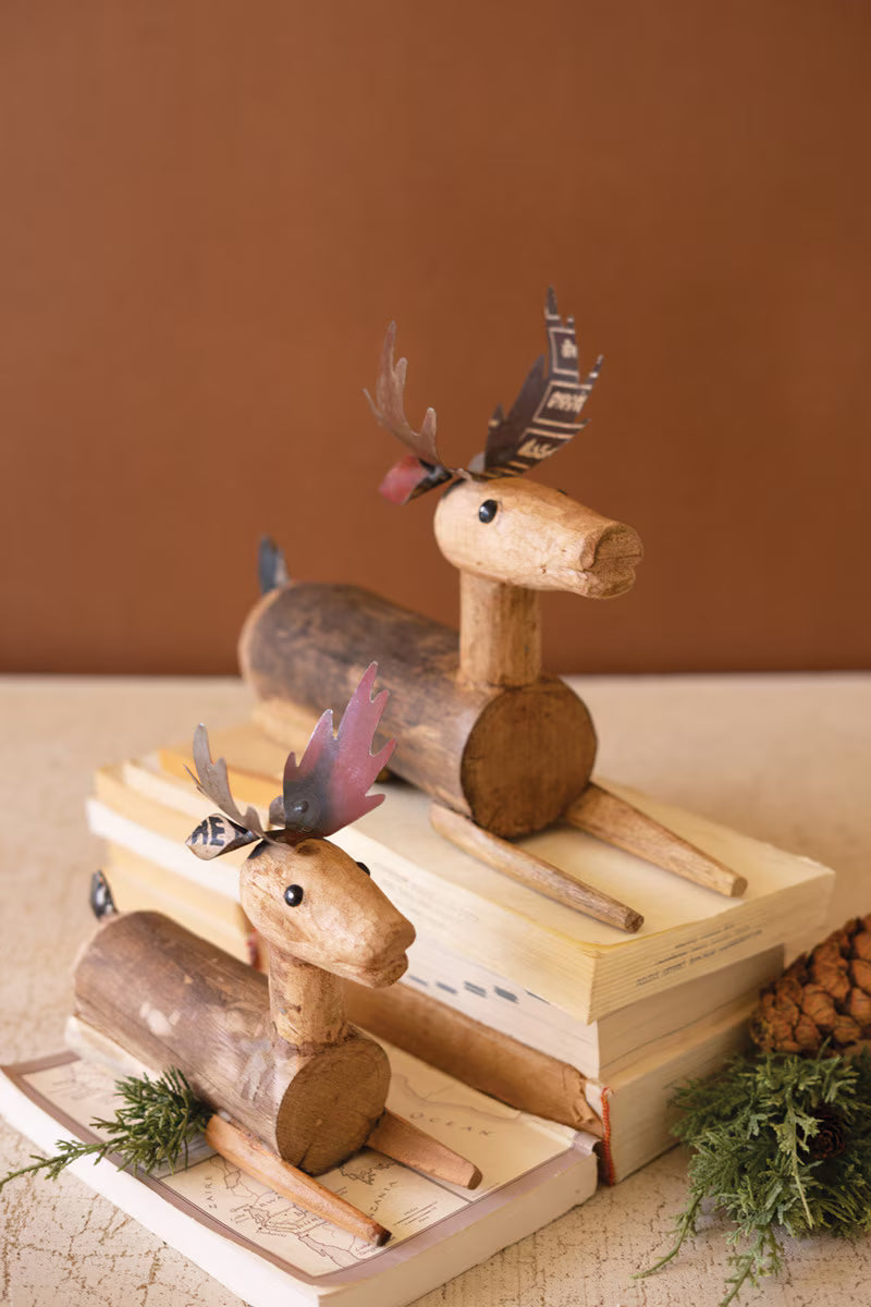 Set of 2 Metal and Wood Sitting Deer