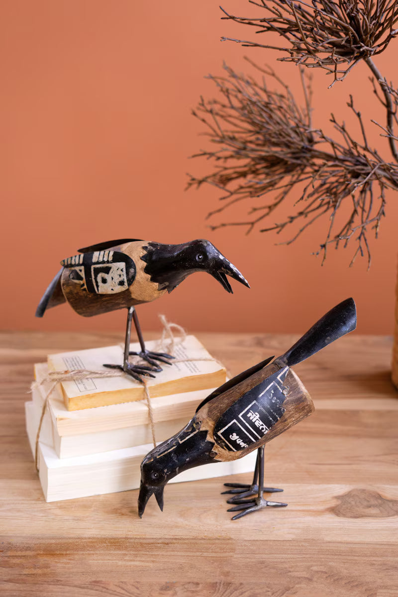 Set of 2 Recycled Metal and Wood Crows