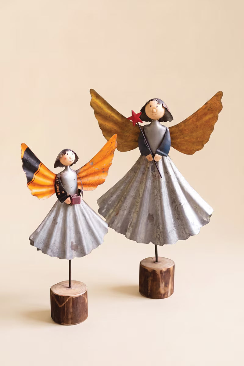 Set of 2 Recycled Metal Angels on Wooden Bases