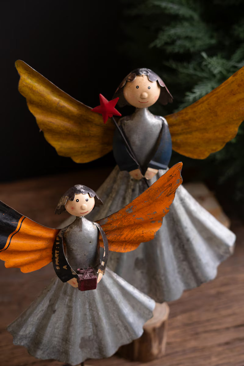 Set of 2 Recycled Metal Angels on Wooden Bases
