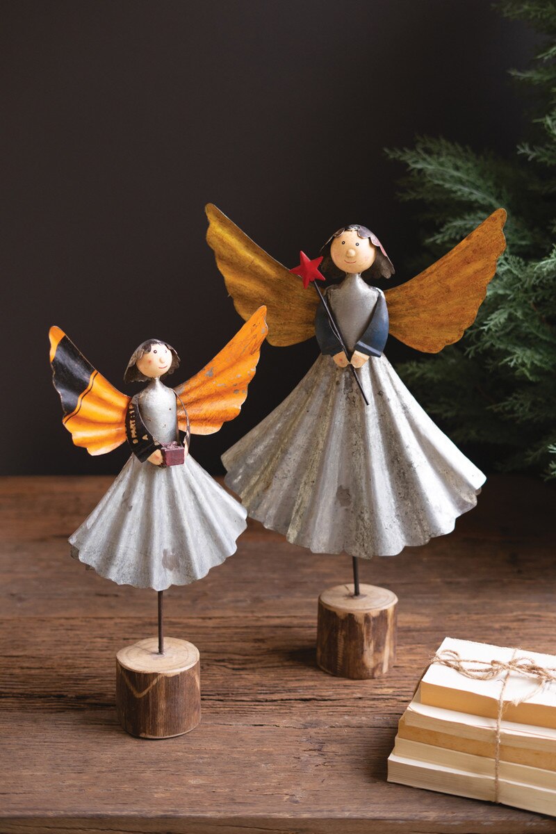 Set of 2 Recycled Metal Angels on Wooden Bases