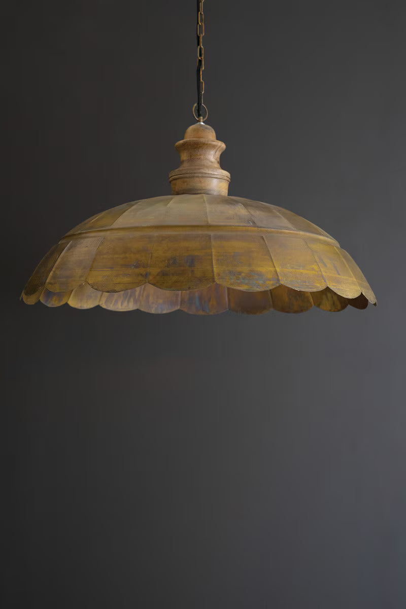 Wide Dome Antique Brass Pendant Light with Wood Detail
