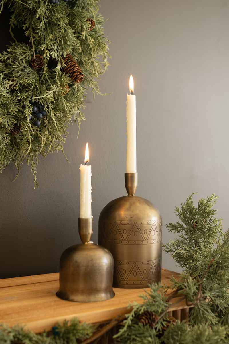 Set of 2 Antique Brass Bell Taper Candle Holders