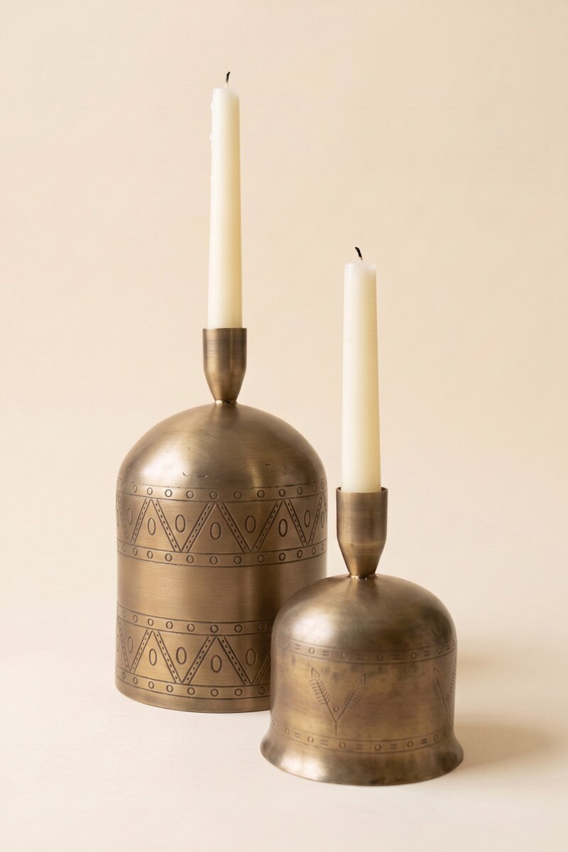 Set of 2 Antique Brass Bell Taper Candle Holders