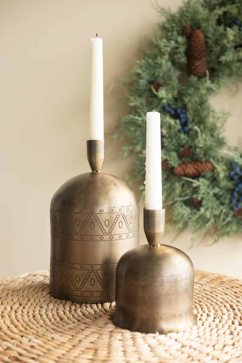 Set of 2 Antique Brass Bell Taper Candle Holders