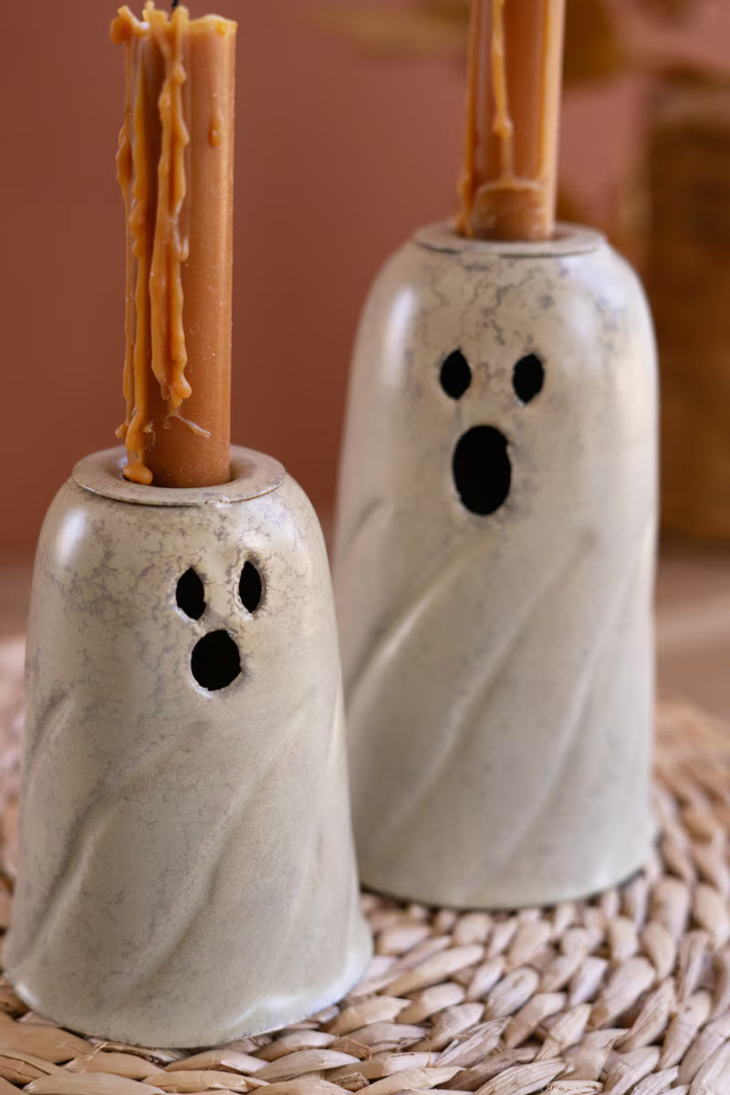 Set of 2 Metal Ghost Taper Candle Holders