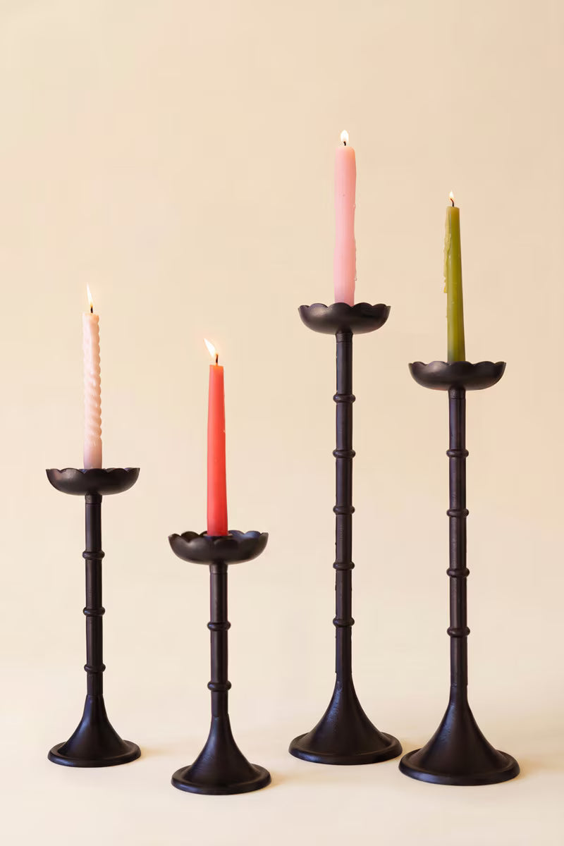 Set of 4 Black Cast Aluminum Taper Candle Holders with Flowers