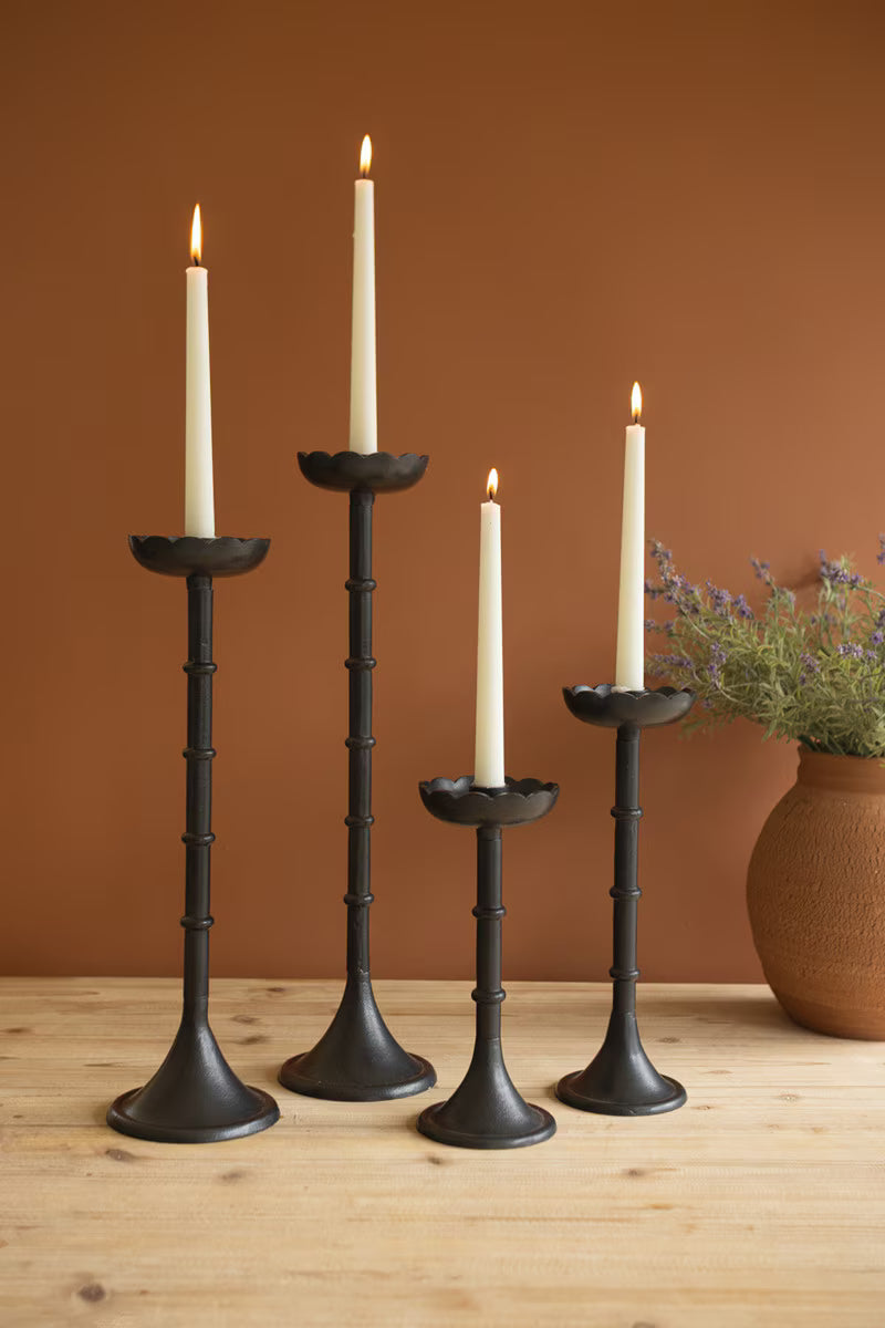 Set of 4 Black Cast Aluminum Taper Candle Holders with Flowers
