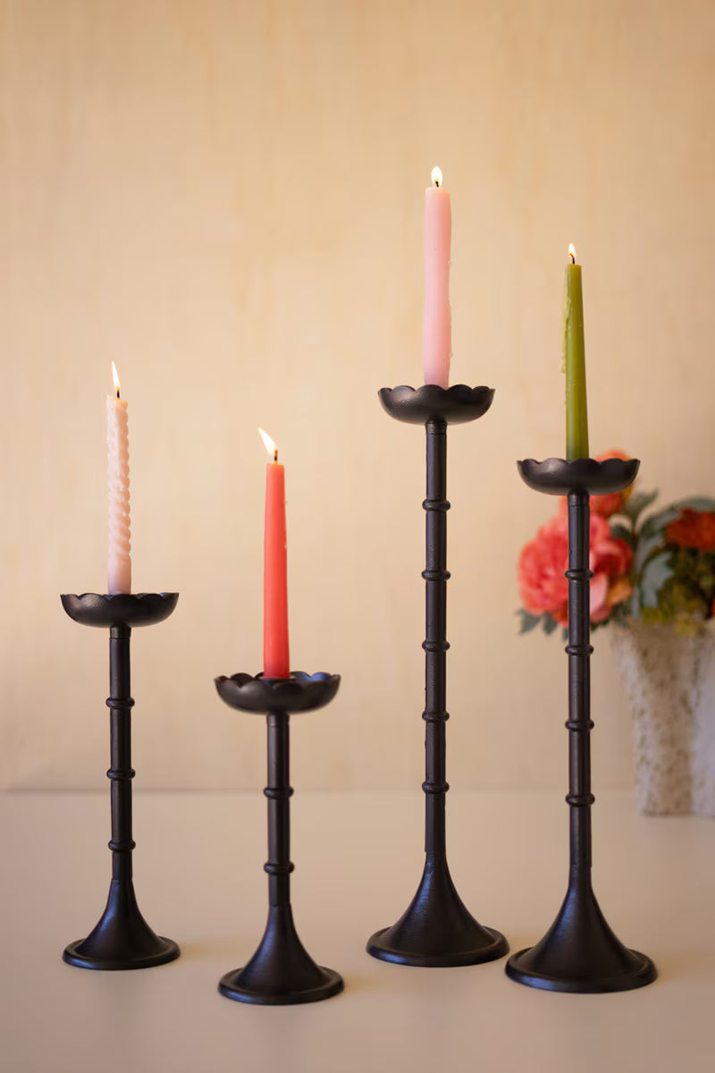 Set of 4 Black Cast Aluminum Taper Candle Holders with Flowers