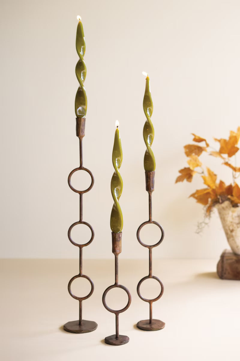 Set of 3 Forged-Iron Antique Brass Rings Taper Candle Holders