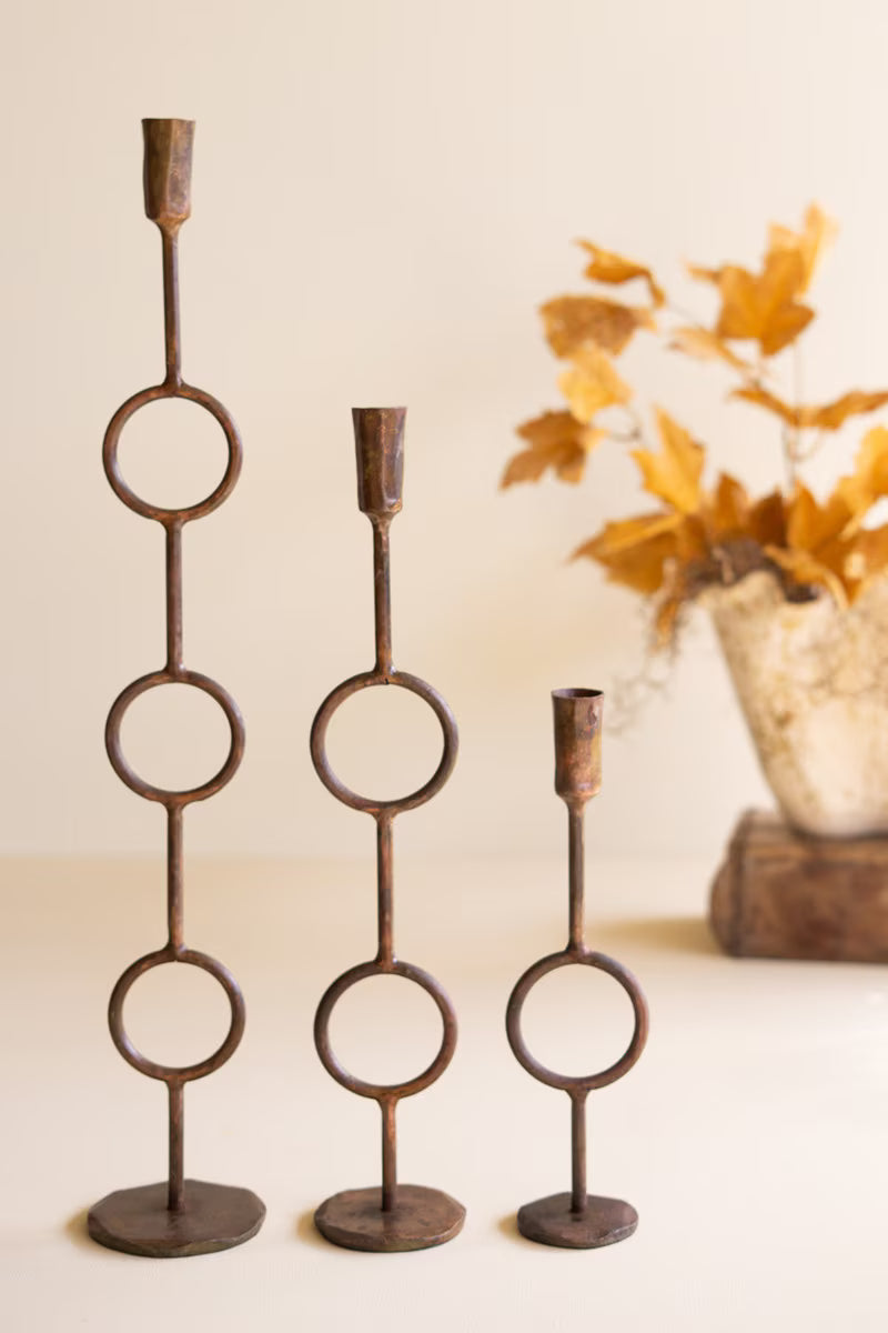 Set of 3 Forged-Iron Antique Brass Rings Taper Candle Holders