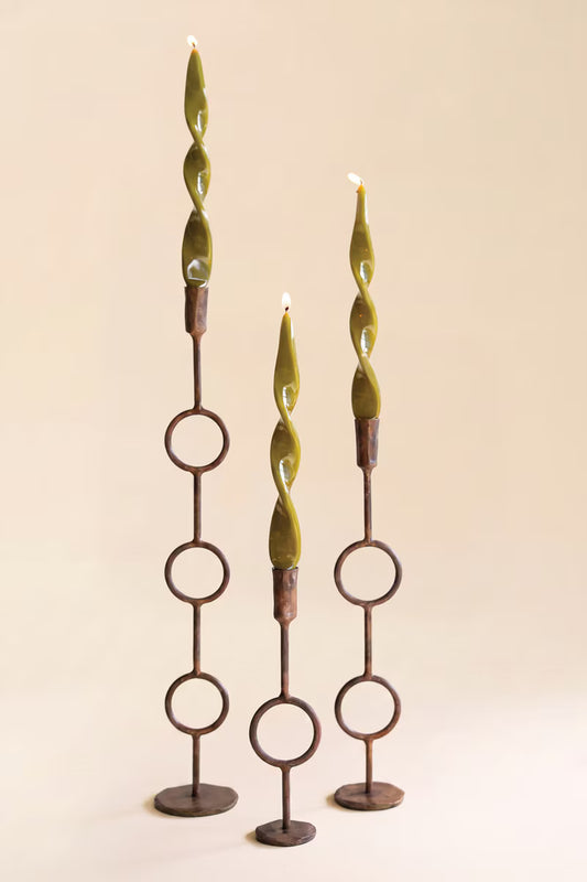 Set of 3 Forged-Iron Antique Brass Rings Taper Candle Holders