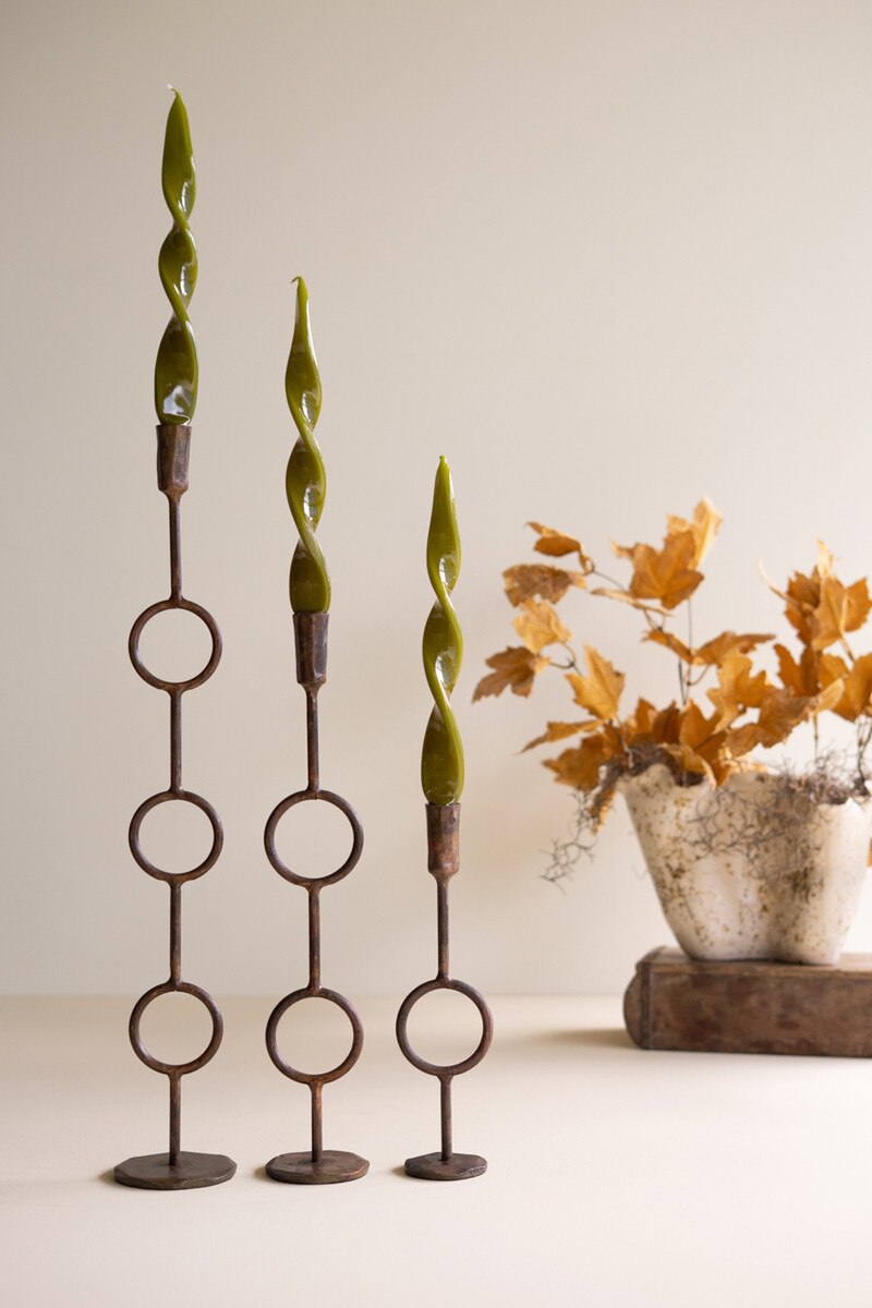 Set of 3 Forged-Iron Antique Brass Rings Taper Candle Holders