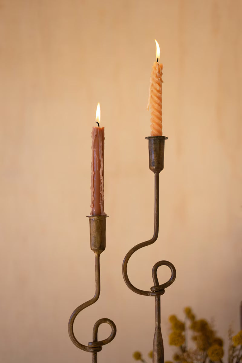 Set of 2 Forged-Iron Antique Brass Loops Taper Candle Holders