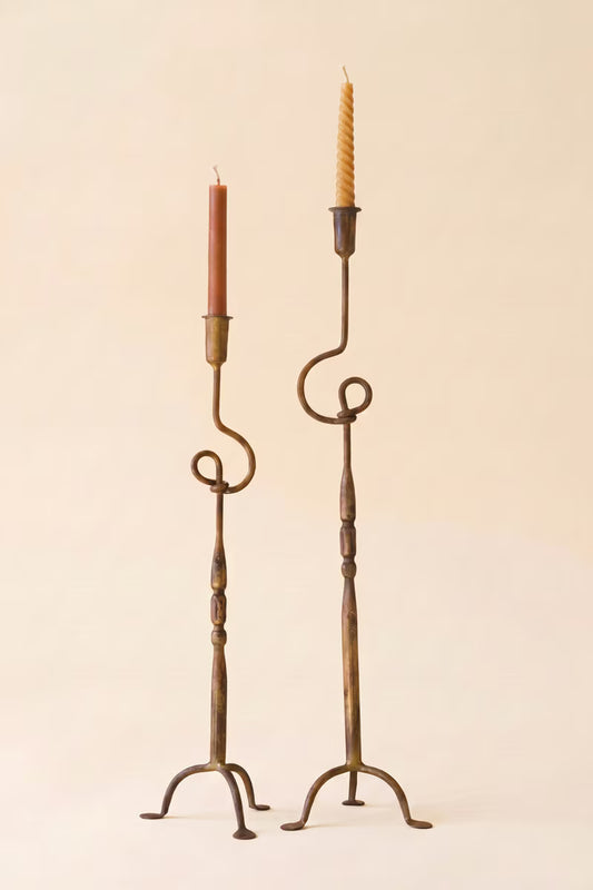 Set of 2 Forged-Iron Antique Brass Loops Taper Candle Holders