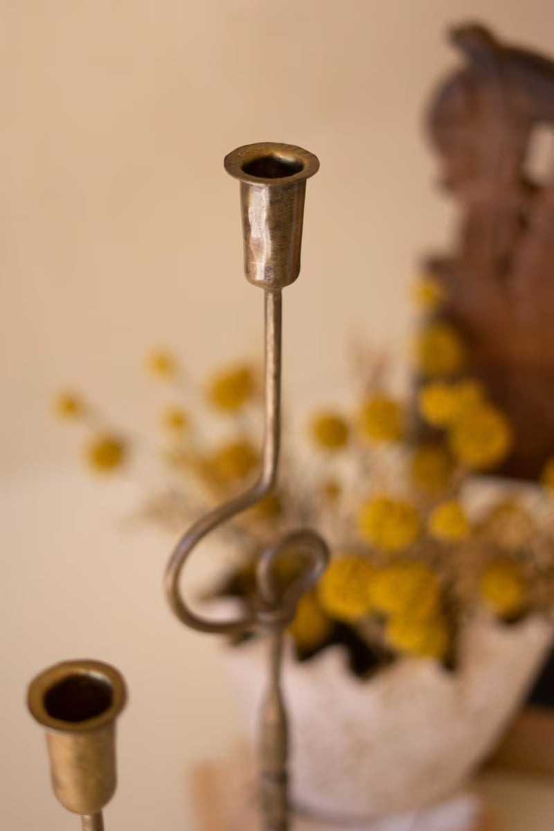 Set of 2 Forged-Iron Antique Brass Loops Taper Candle Holders