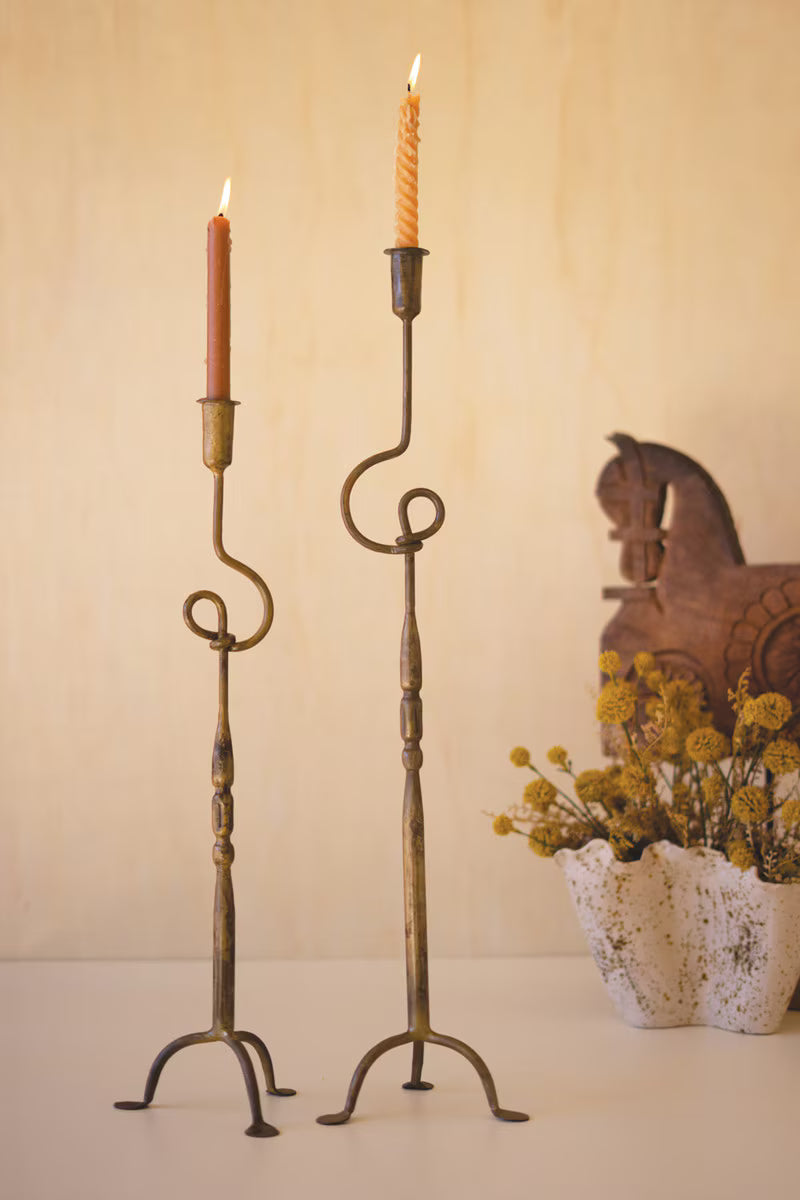 Set of 2 Forged-Iron Antique Brass Loops Taper Candle Holders