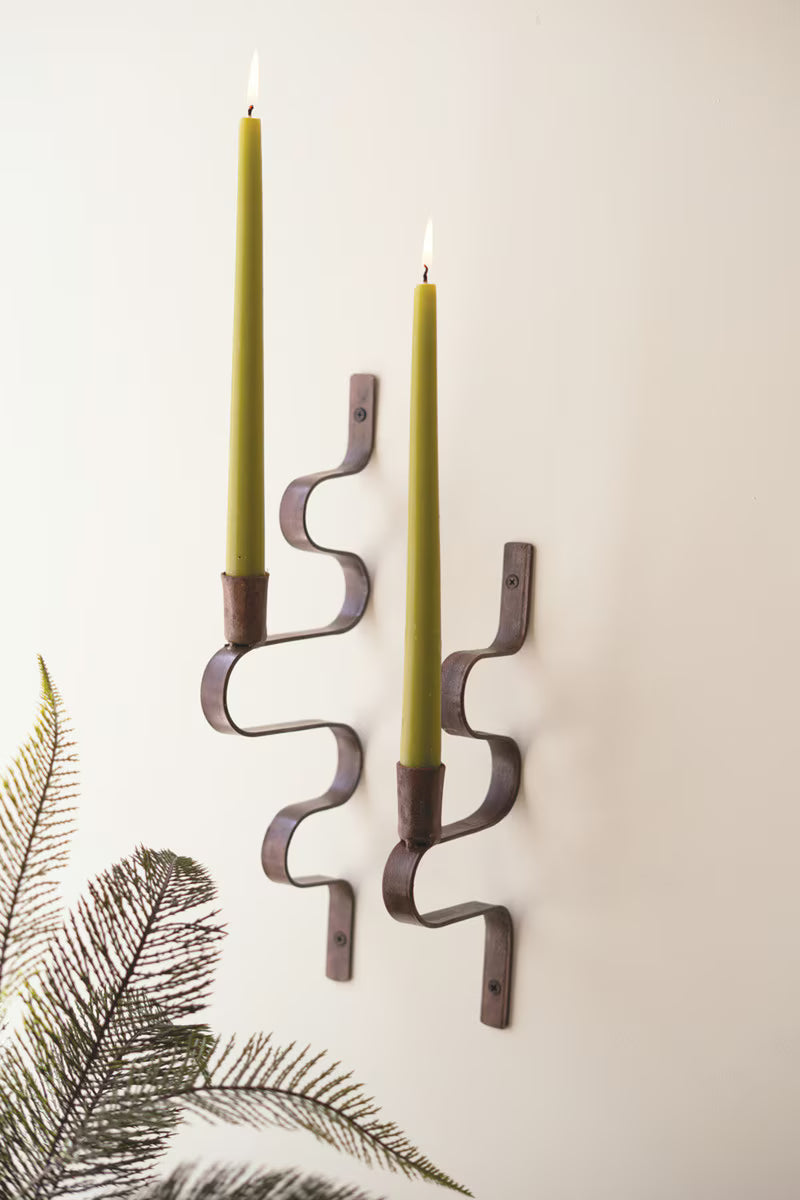 Set of 2 Forged-Iron Wavy Metal Taper Candle Wall Sconces