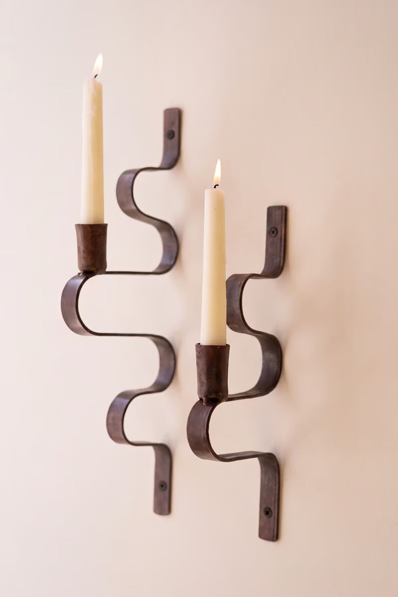 Set of 2 Forged-Iron Wavy Metal Taper Candle Wall Sconces