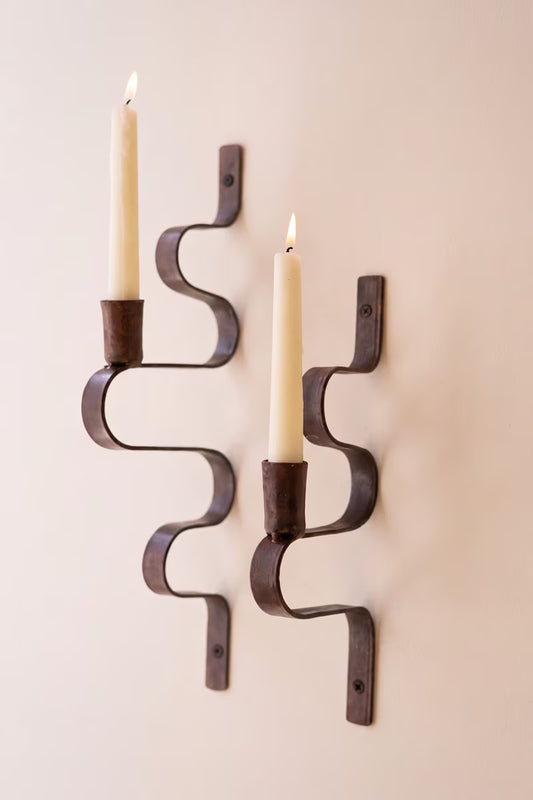 Set of 2 Forged-Iron Wavy Metal Taper Candle Wall Sconces