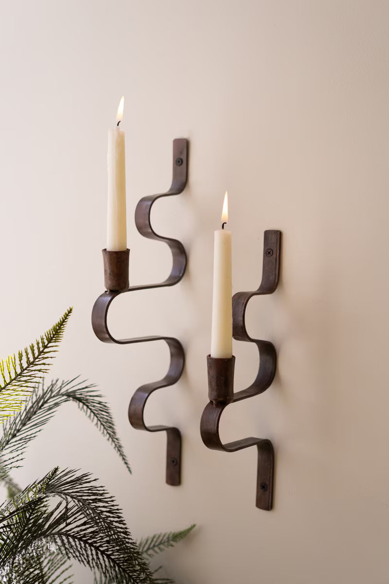 Set of 2 Forged-Iron Wavy Metal Taper Candle Wall Sconces