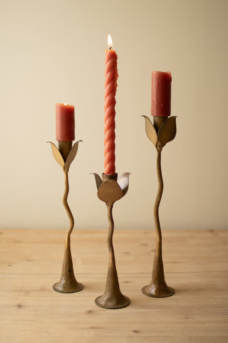 Set of 3 Forged-Iron Leaves Taper Candle Holders