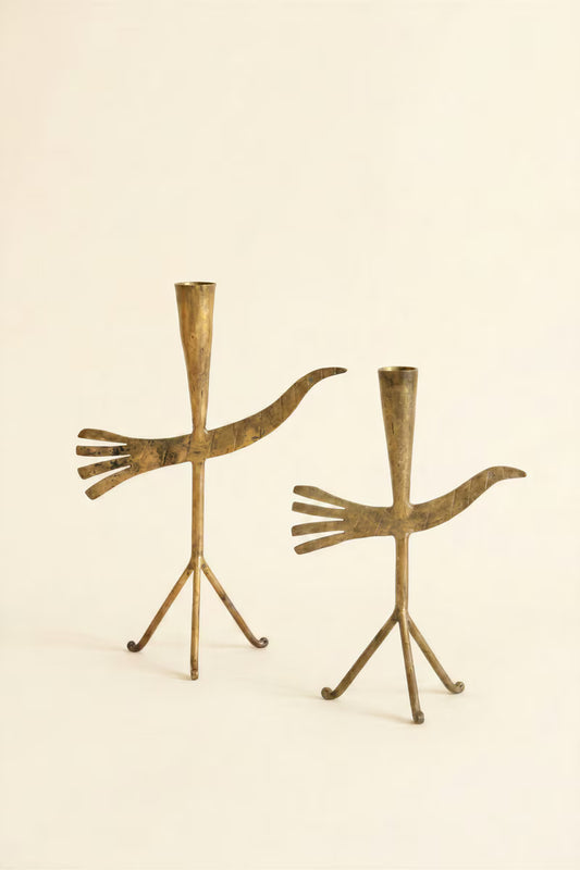 Set of 2 Forged-Iron Antique Gold Bird Taper Candle Holders