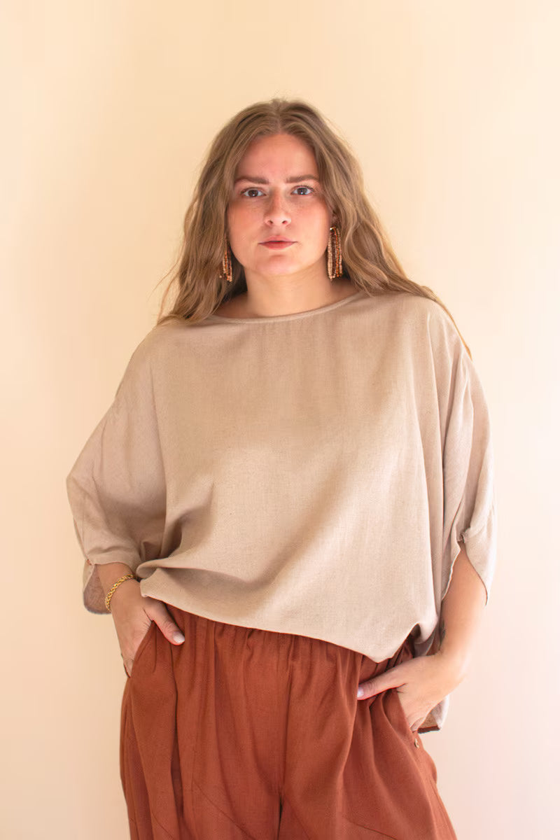 Short-Sleeve Blouse with Button Detail on Sleeves Oatmeal