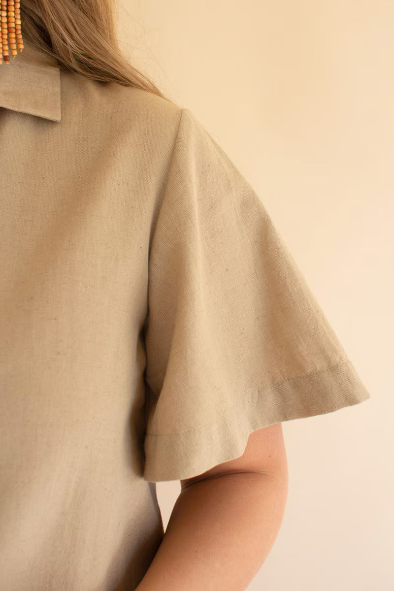 Oatmeal Short-Sleeve Button-Front Blouse with Collar
