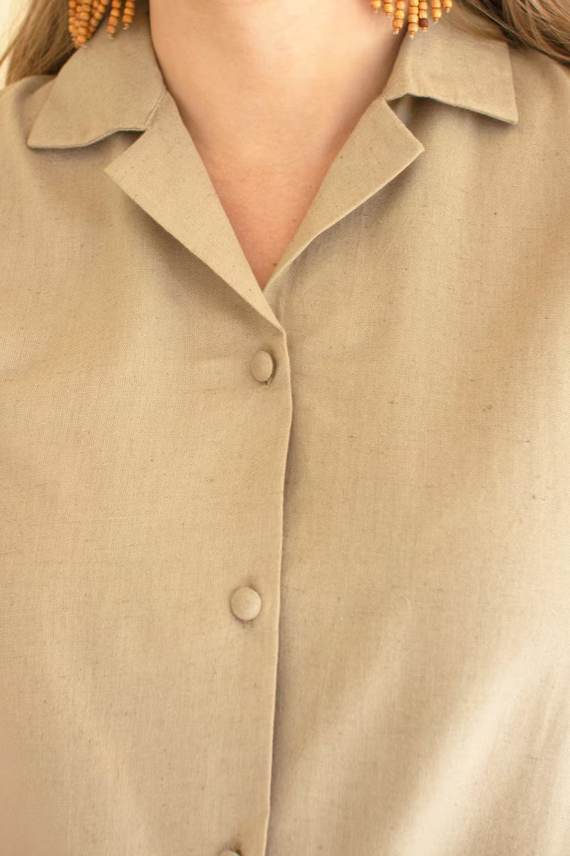 Oatmeal Short-Sleeve Button-Front Blouse with Collar